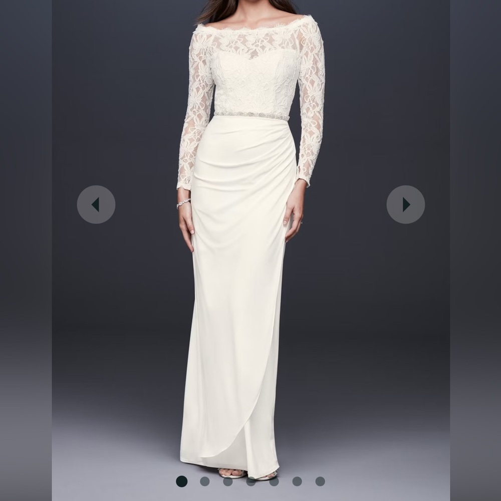 David’s Bridal Off-the-Shoulder Long Sleeve Lace Draped Gown